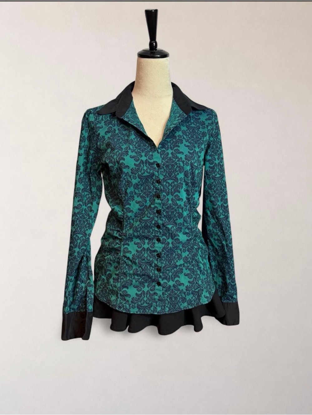 New York & Company Stretch Teal Black Damask Button Up Blouse